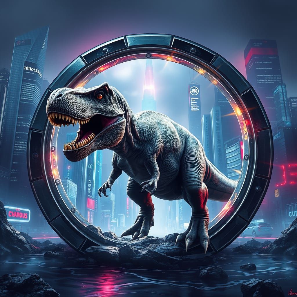 Tyrannosaurus Rex Emerges from a Mystical Mirror Portal in a...