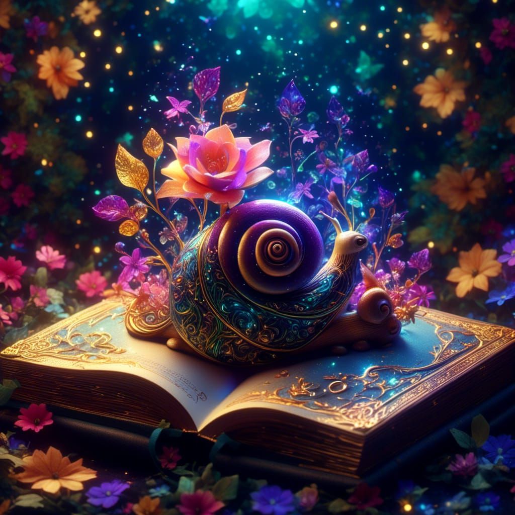 Floral Magical Book with Bioluminescent Snail