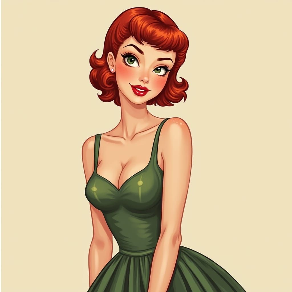 Vintage Pin-Up Girl with Red Hair, Cartoon Style