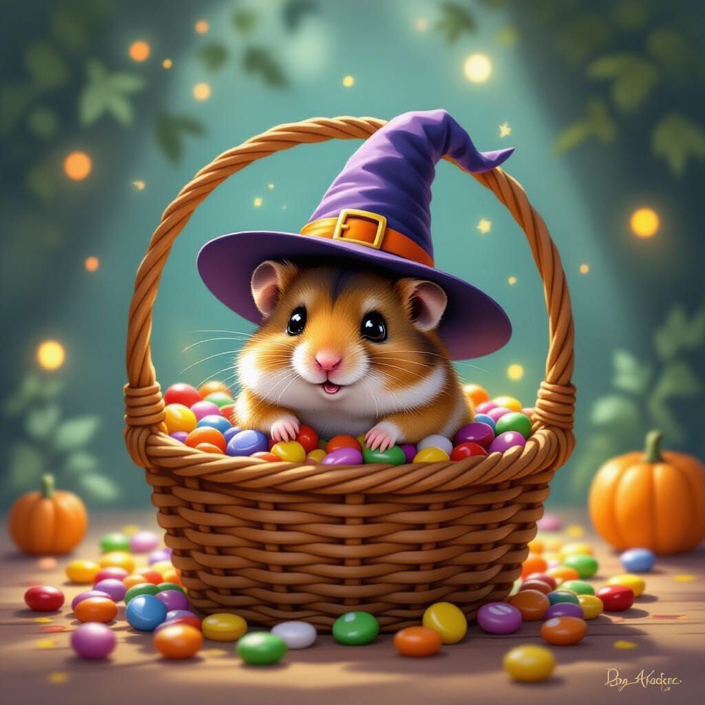 Adorable Hamster in Candy Basket, Whimsical Illustration Sty...