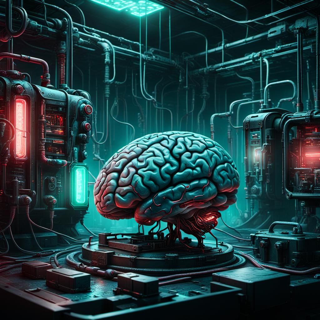 Cracked Battery Brain in Underground Lab, Digital Art