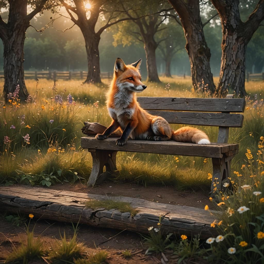 Red Fox in Moonlit Meadow: Oil Painting Texture