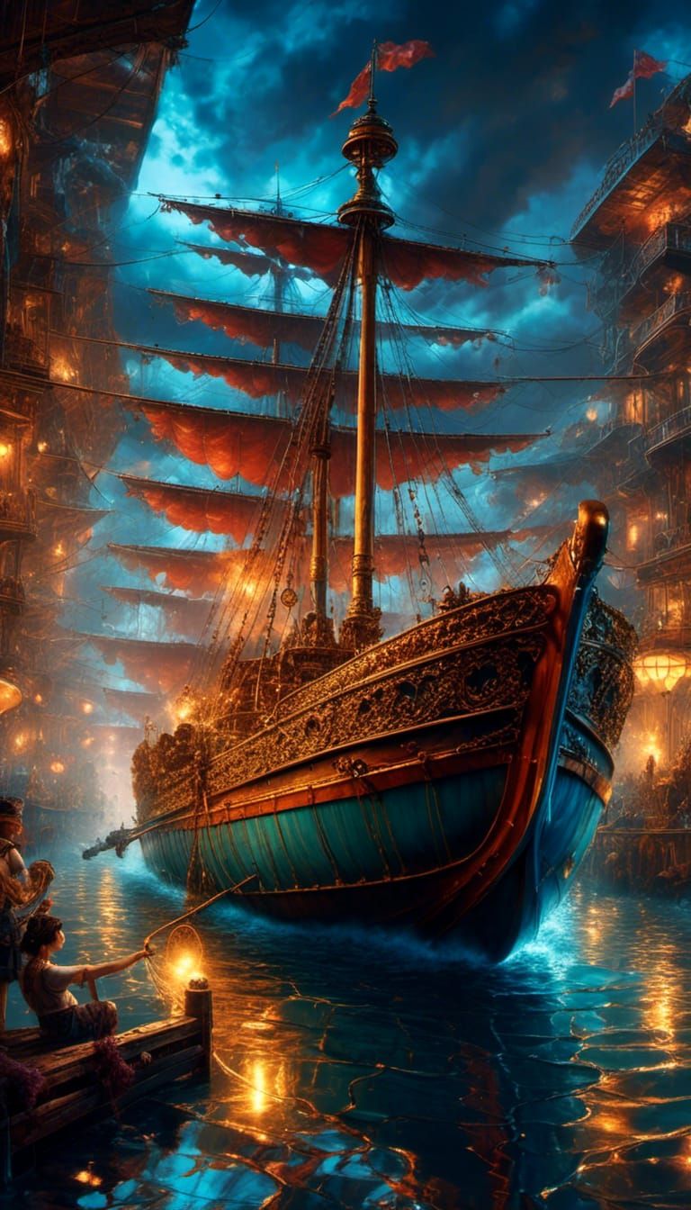 Futuristic Harbor Welcomes Rowboat Couple