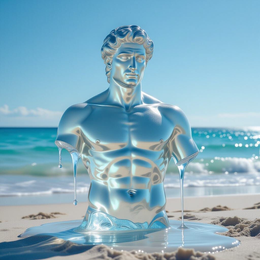Melting Ice Sculpture of Greek Hero on Beach