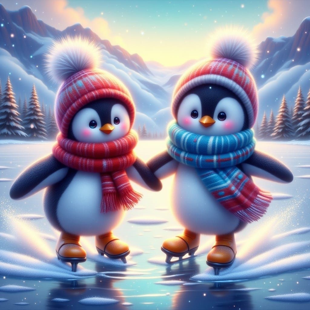 Penguins Ice Skating in Winter Wonderland