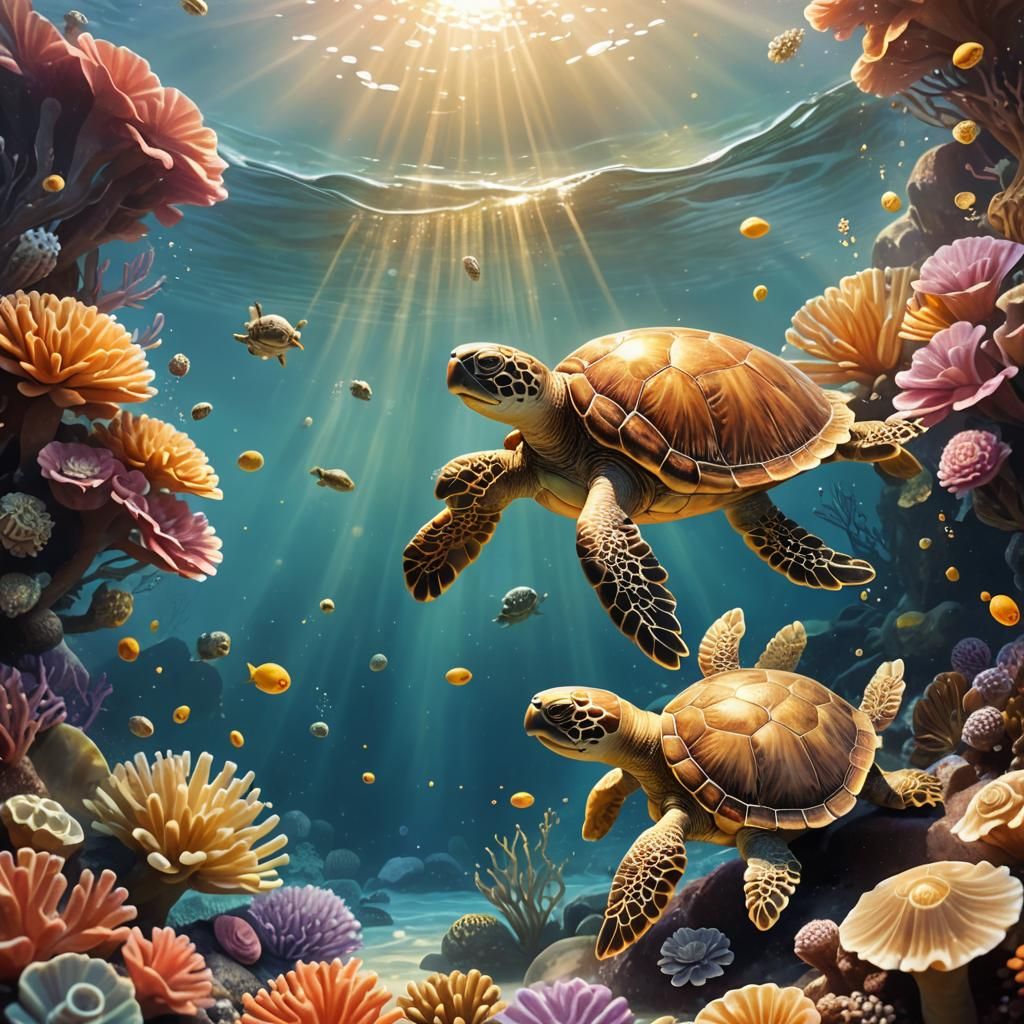 Magical Turtle Family in Whimsical 3D Illustration