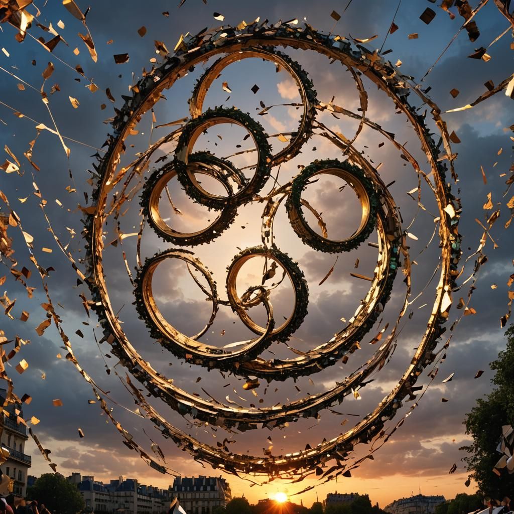 Olympic Rings Exploding Over Paris at Sunset