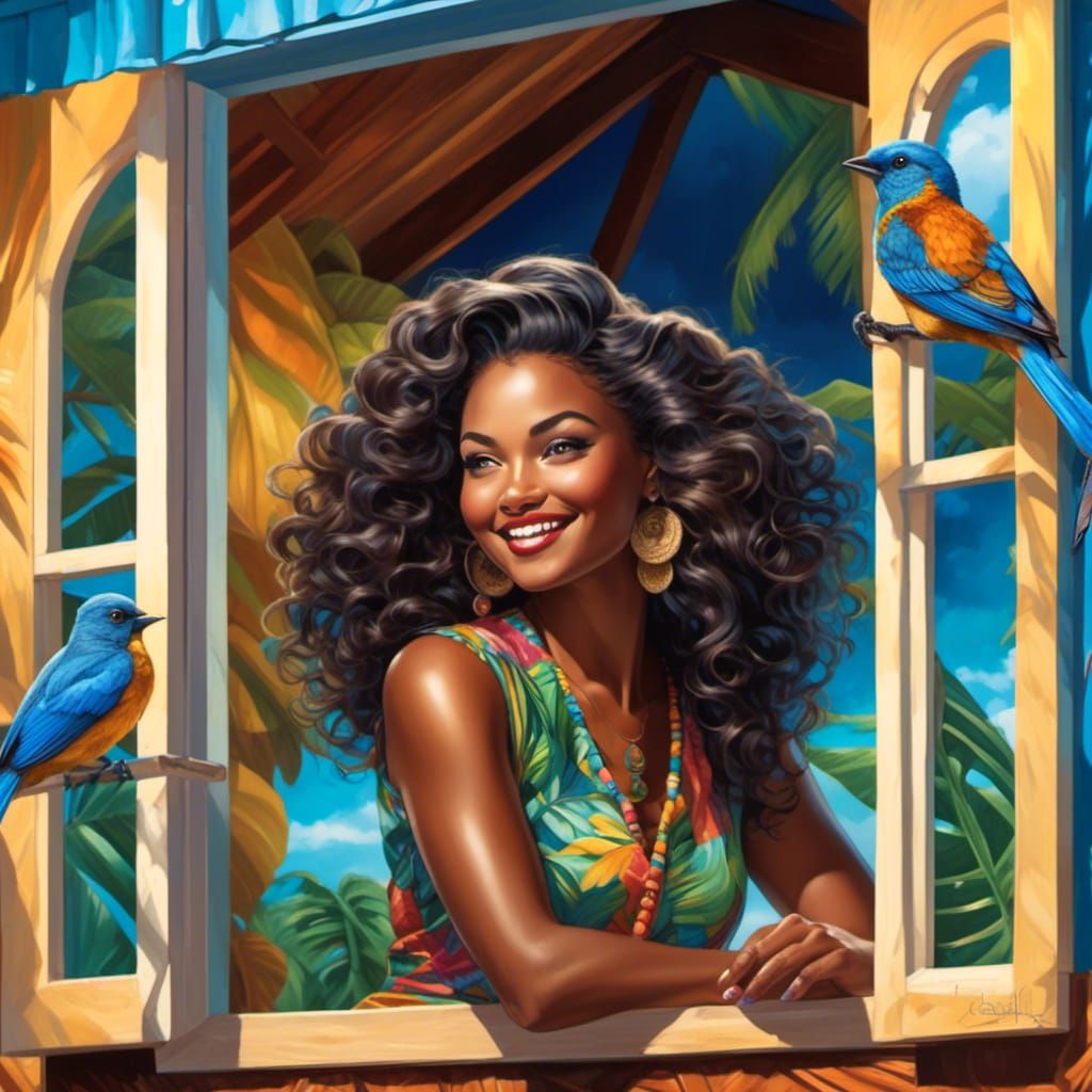 Caribbean Bungalow Window with Bluebirds