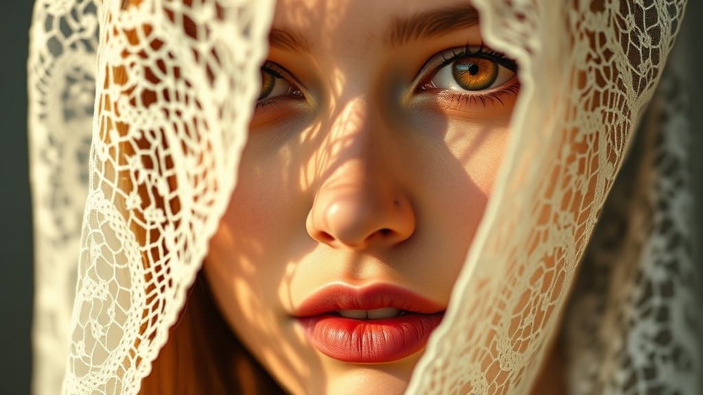 Ethereal Woman in Lace Veil with Golden Eyes