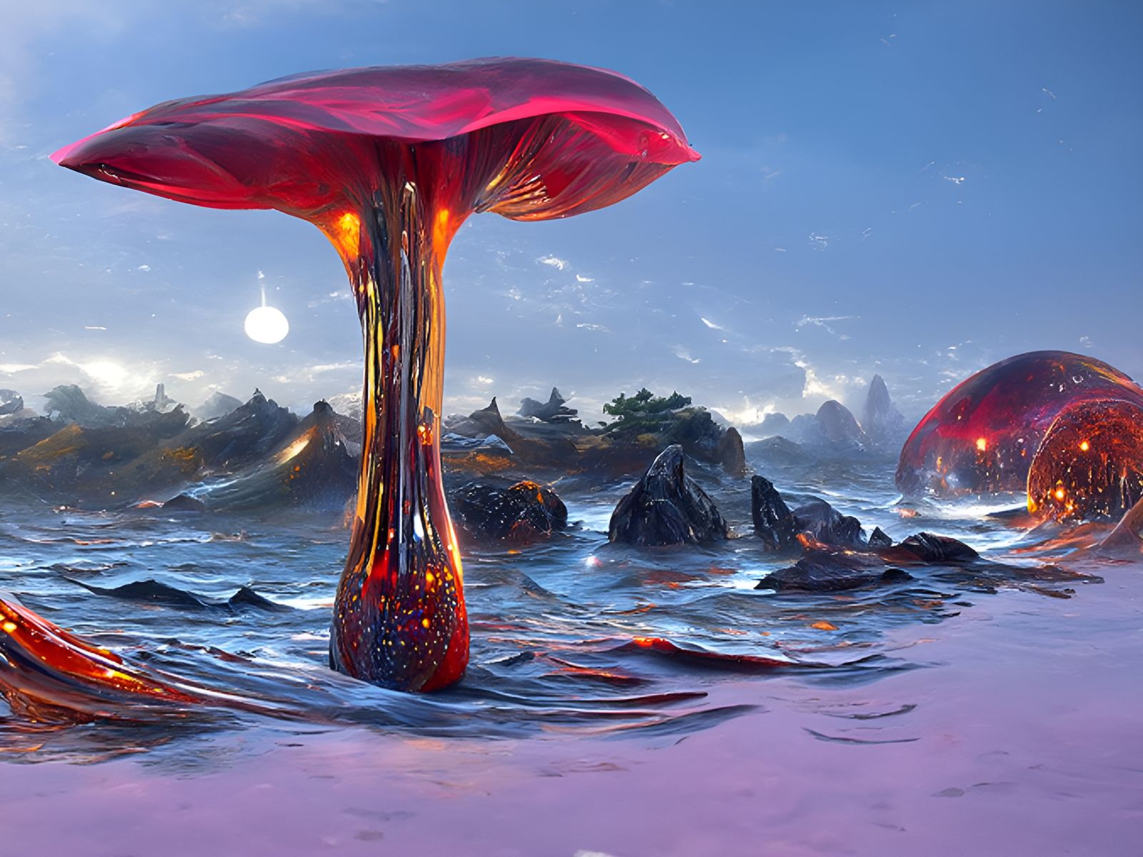 Giant Red Metal Mushroom in Mystical Ocean