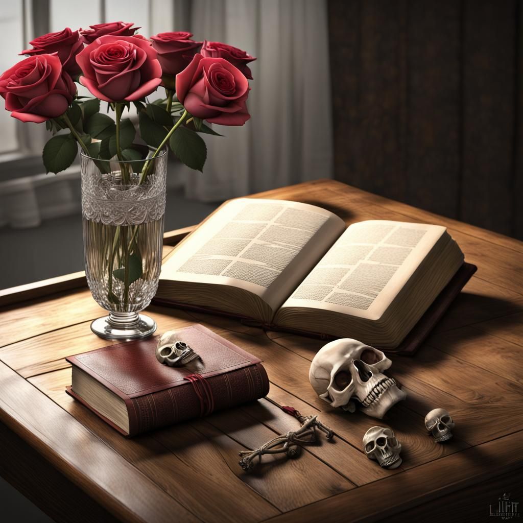 Dark Academia Still Life with Roses and Skull