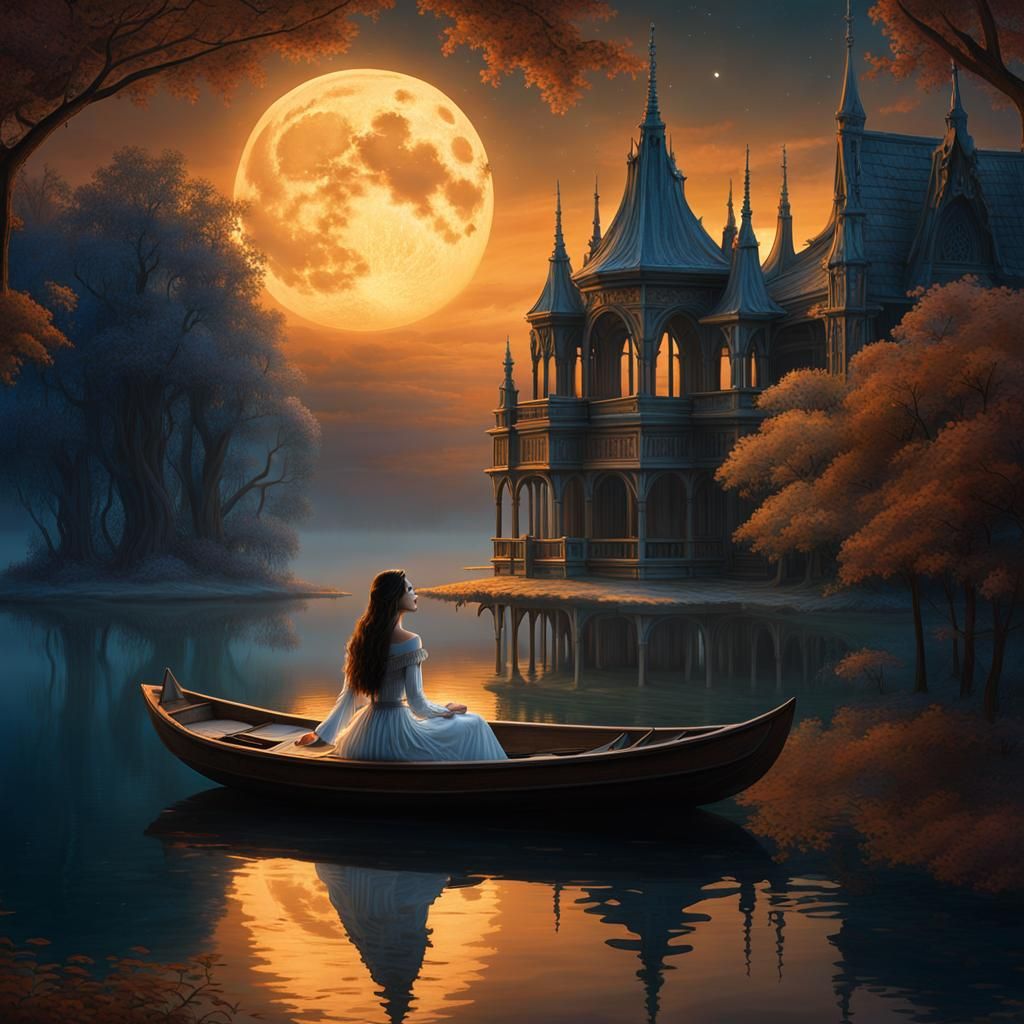 Ethereal Woman in Boat with Gothic Architecture