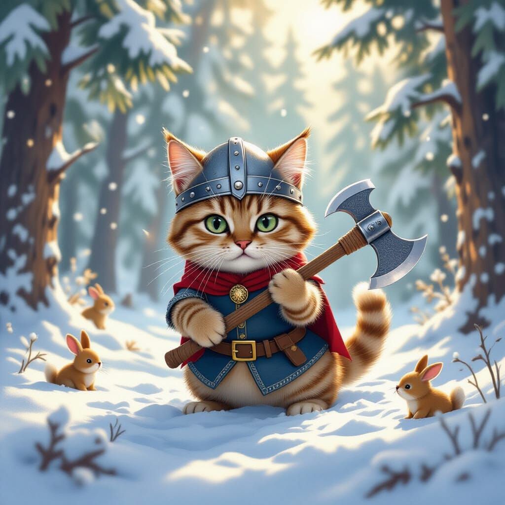 Fierce Feline Viking in Winter Forest