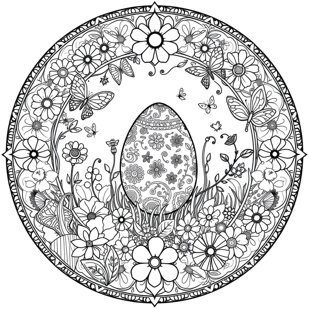 Whimsical Spring Mandala in Black and White Line Drawing