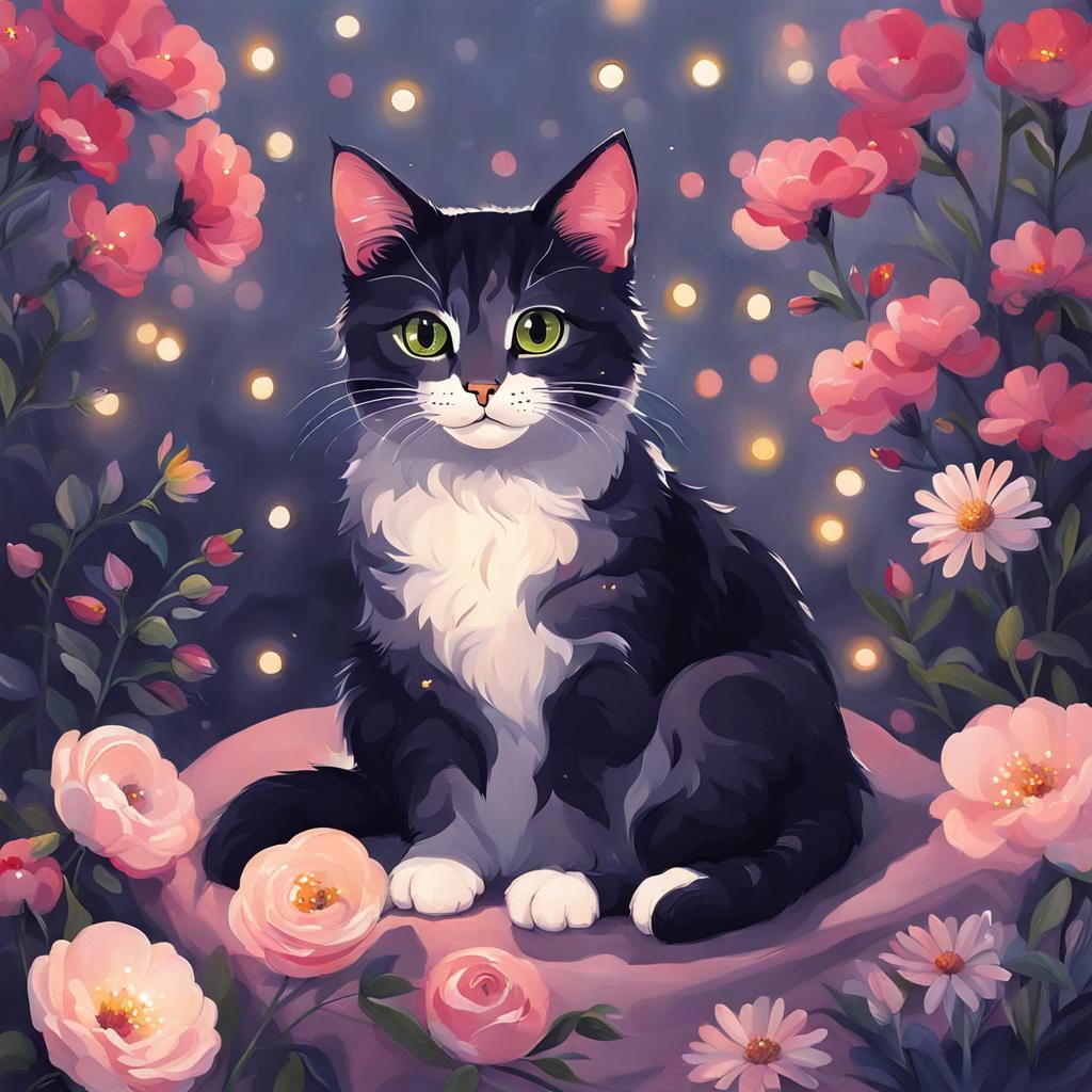 Cat on Pillow Surrounded by Flowers, Concept Art