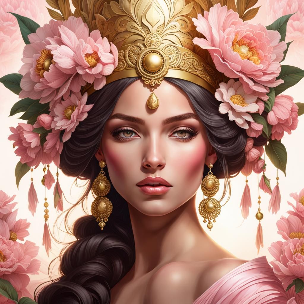Ethereal Woman with Floral Headdress, Hyperdetailed Portrait