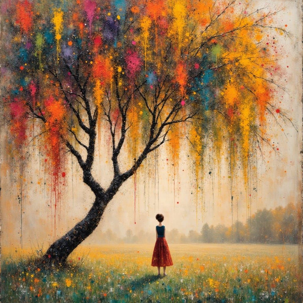 Lady Under Weeping Willow in Mixed Media