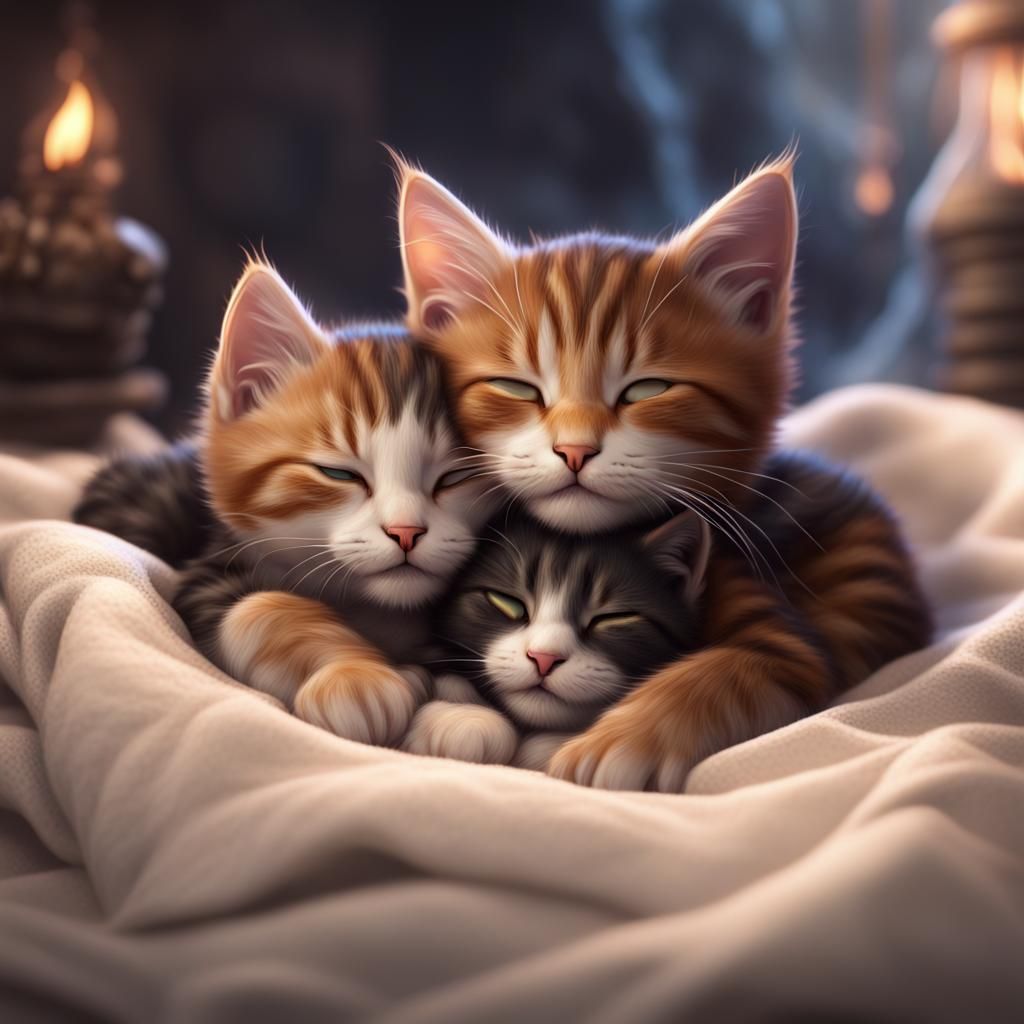 Kittens Sleep with Mummy Cat in Detailed Art