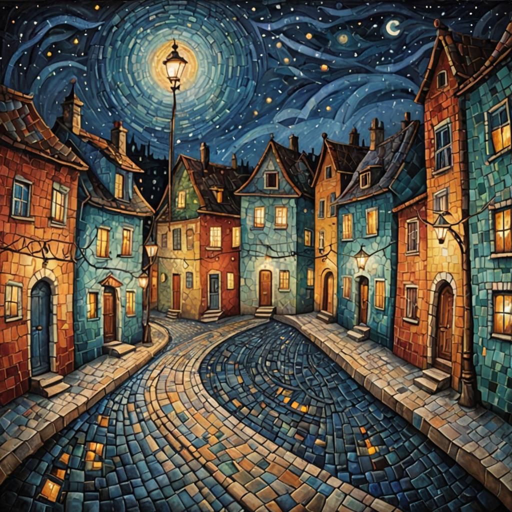 Night Street Lantern in Naive Art Mosaic Style
