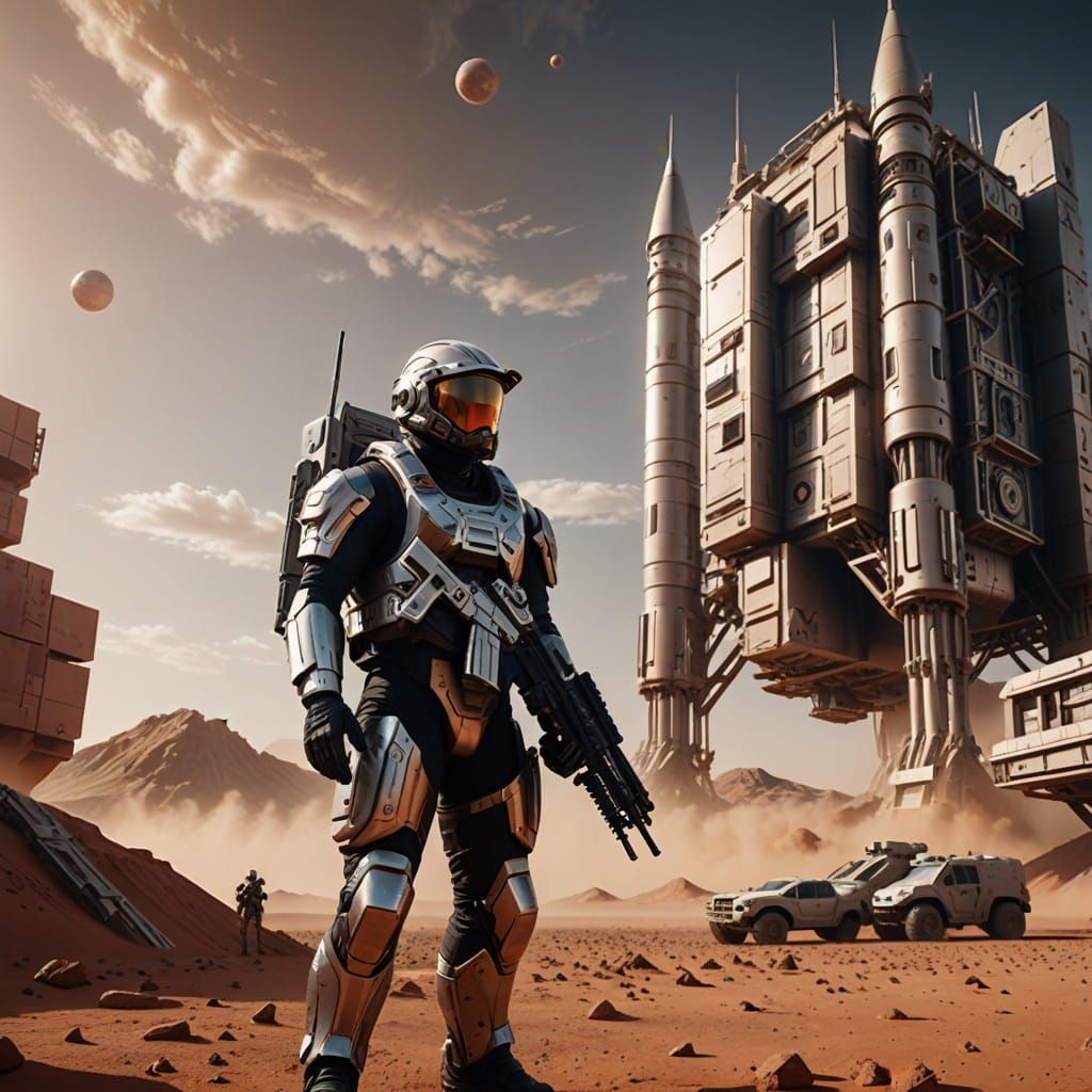 Futuristic Soldier Stands Guard on Mars with Rocket Launcher