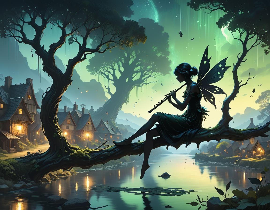 Fairy Silhouette Playing Flute Over River