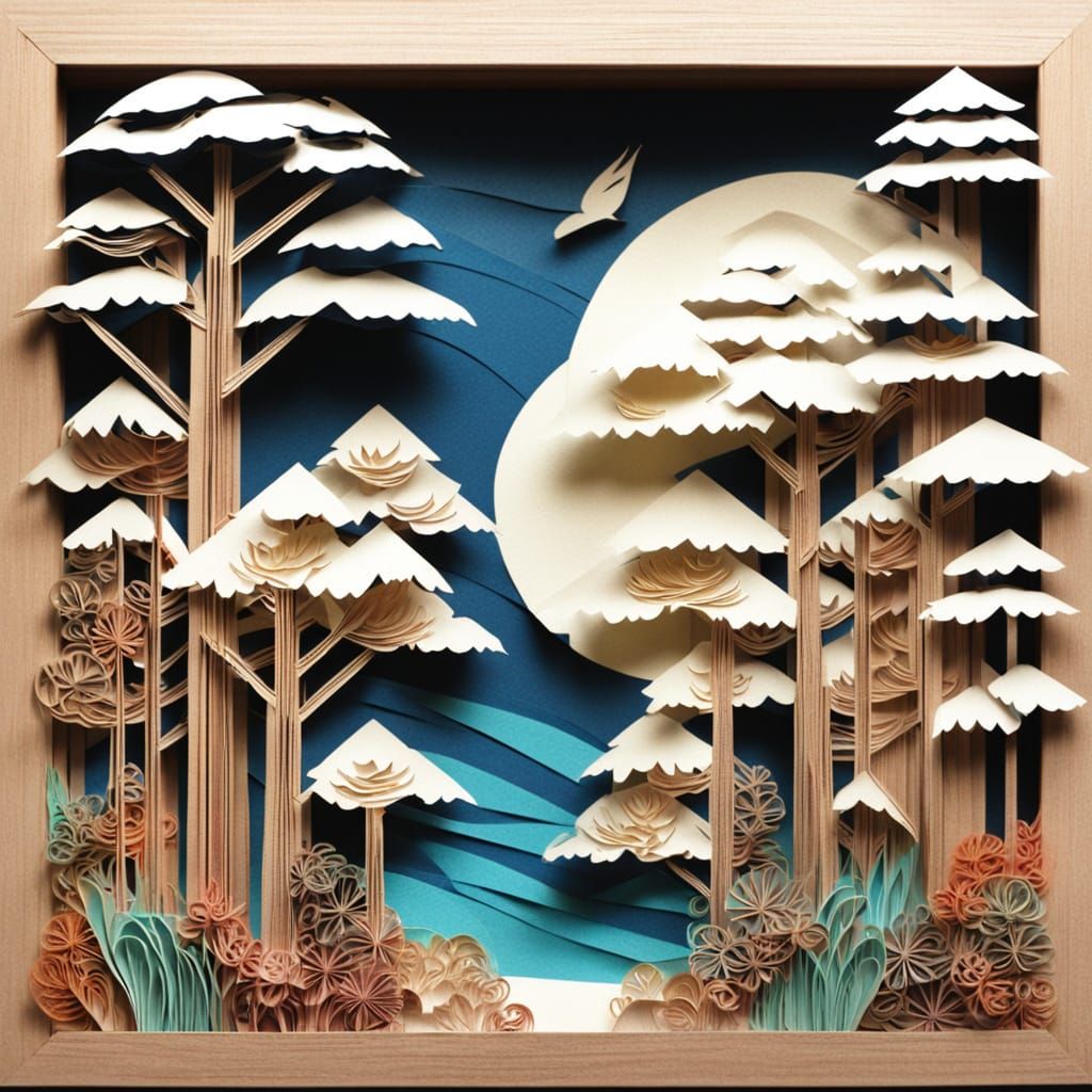Dramatic Forest Scene in Japanese Paper Art Style