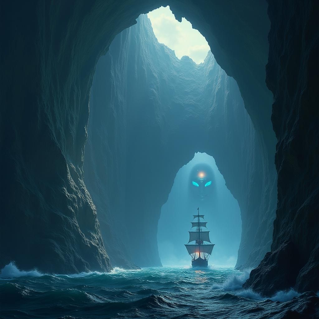 Medieval Warship Navigates Ominous Sea Cave Entrance