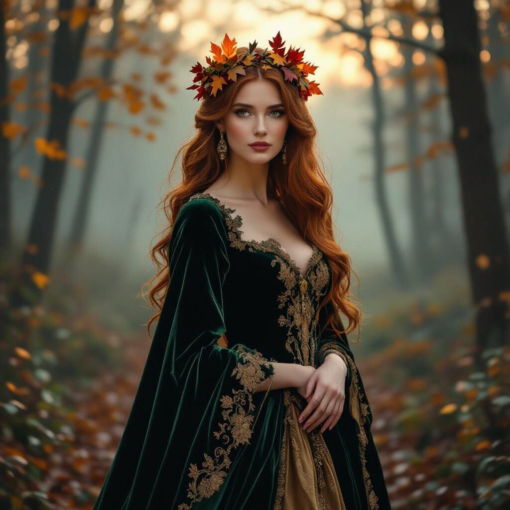 Autumn Queen in Emerald Gown, Pre-Raphaelite Style