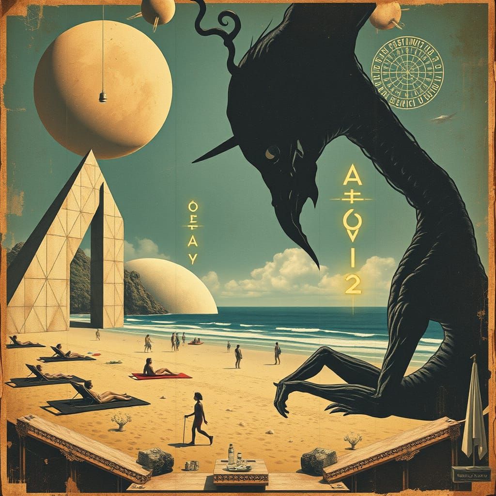 Surrealist Beach Scene in Vintage Poster Style