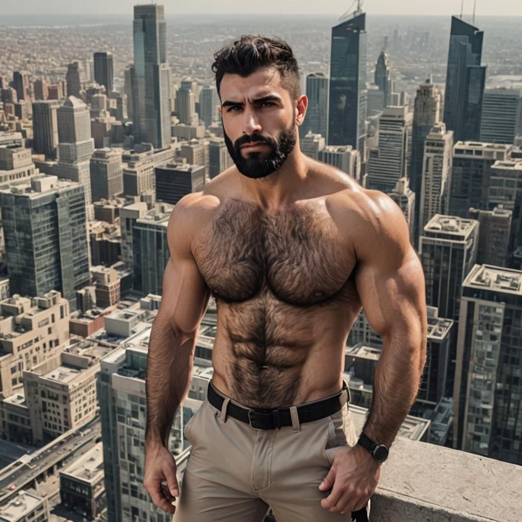 Hirsute Man Overlooking City in Art Nouveau Style