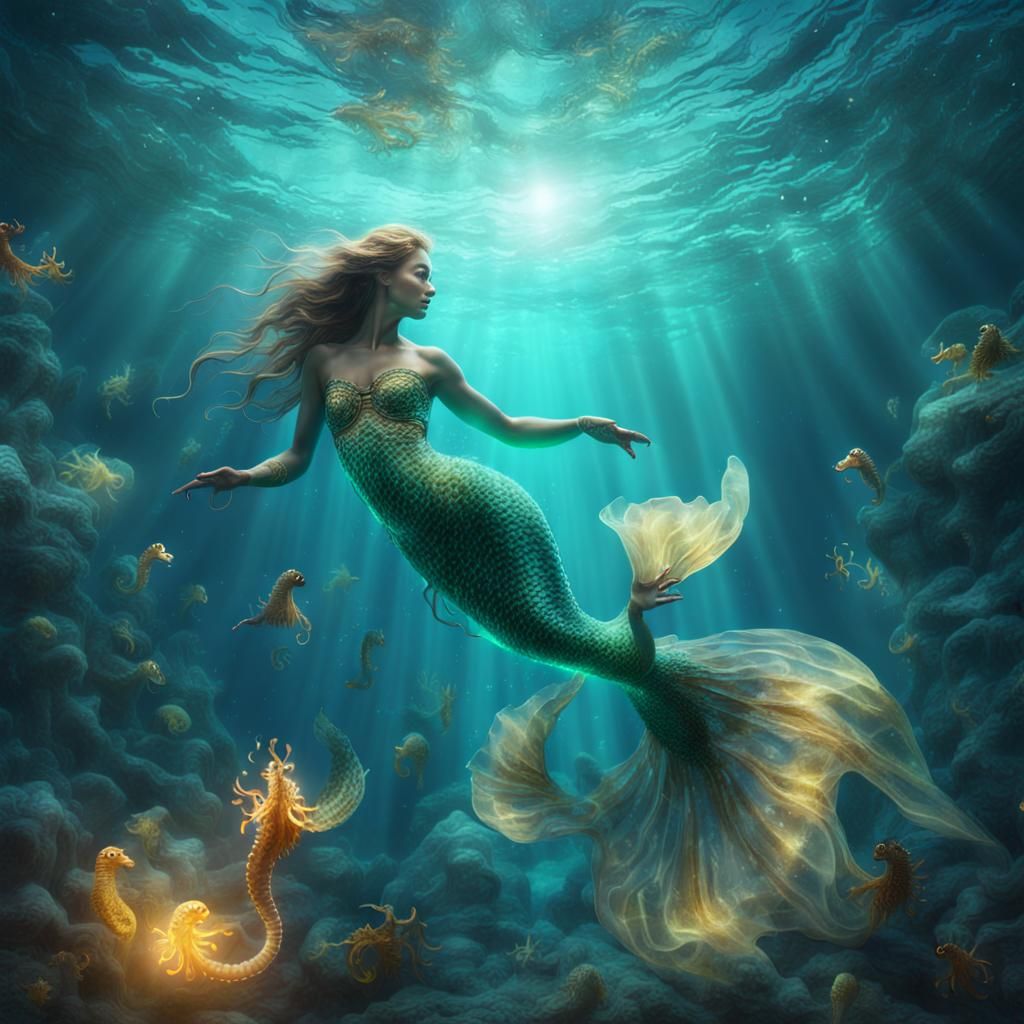 Glowing Glass Mermaid in Ocean Digital Painting