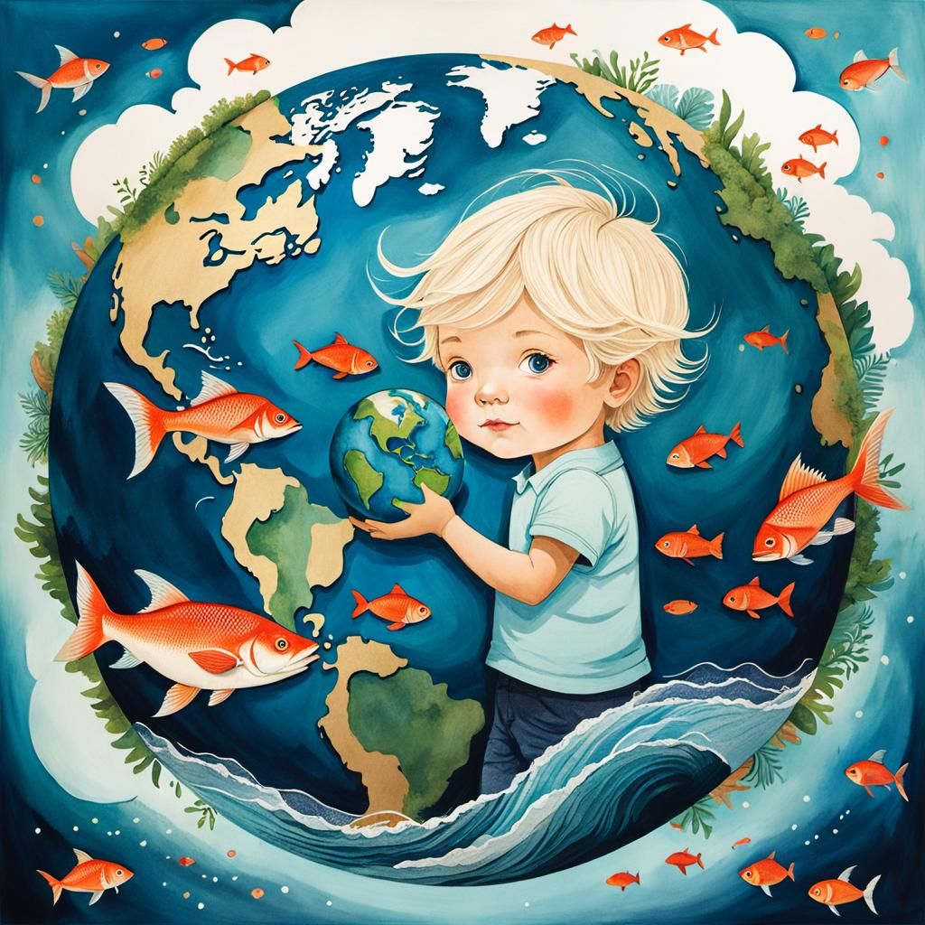Child Protects Earth in Double Exposure Art
