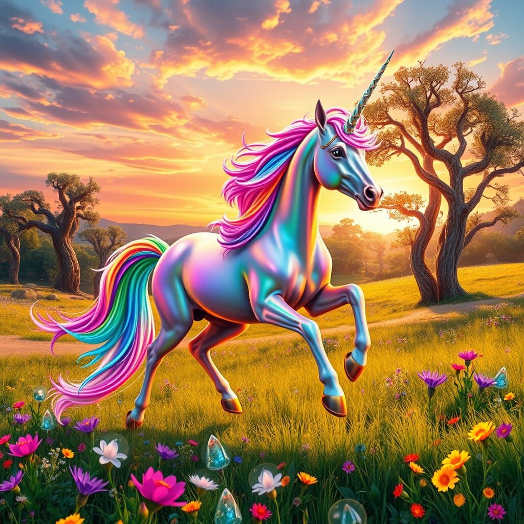 Regal Unicorn Gallops Across Vibrant Meadown in Hyperrealist...
