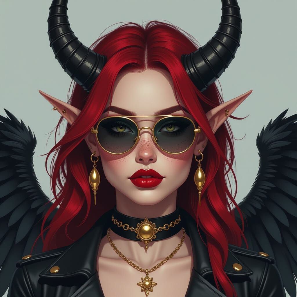 Goth Woman with Red Skin, Horns, Wings, and Gold Eyes