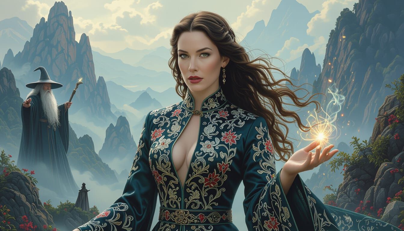 Liv Tyler in Cheongsam with Gandalf in Lord of Rings