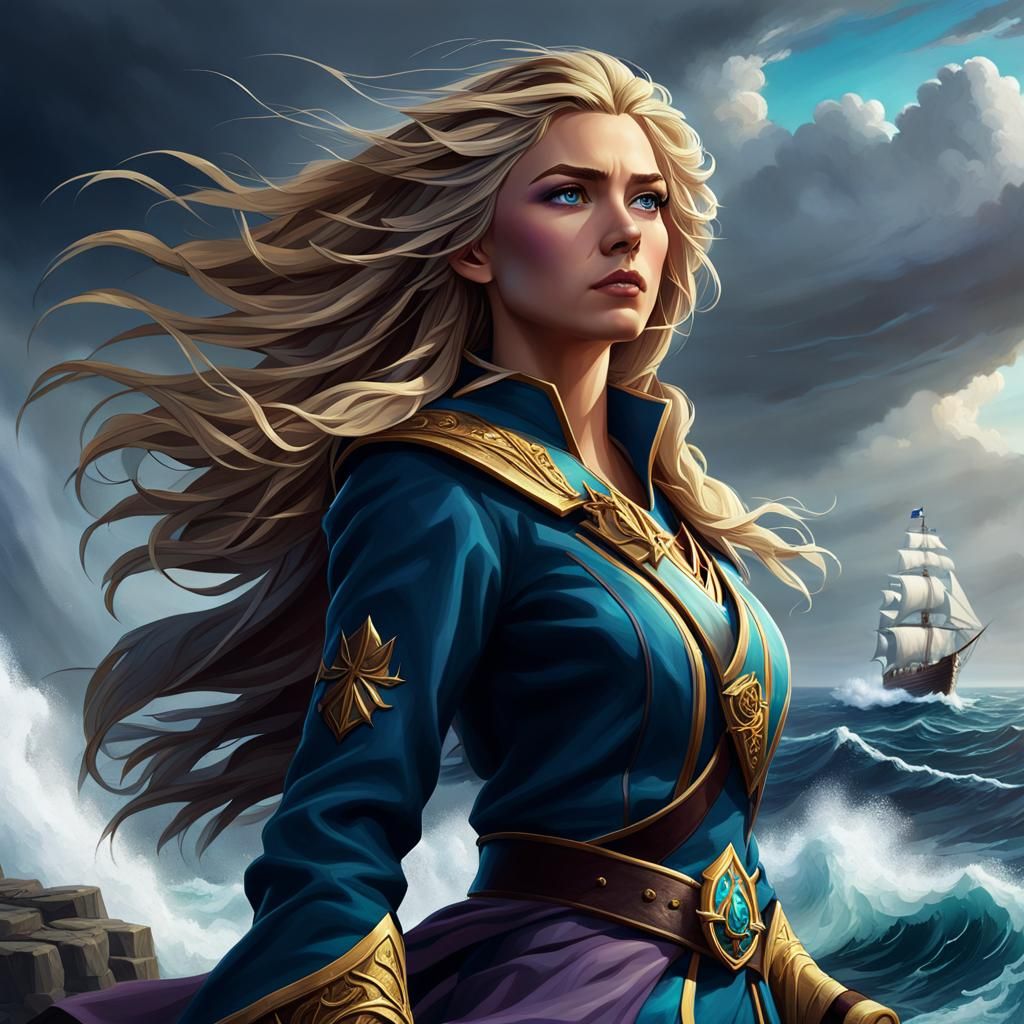 Jaina Proudmoore Overlooking Stormy Ocean: Digital Illustrat...