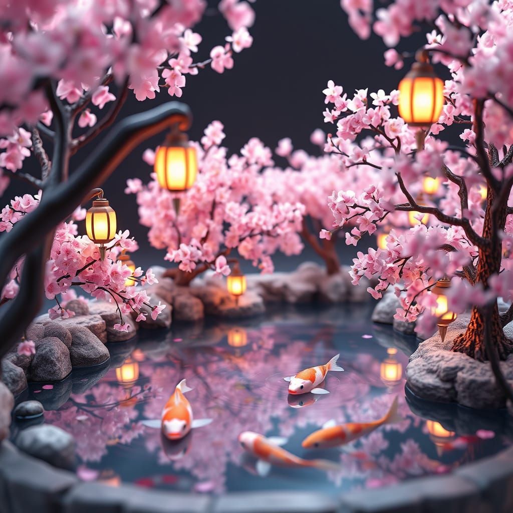 Ethereal Cherry Blossom Koi Pond