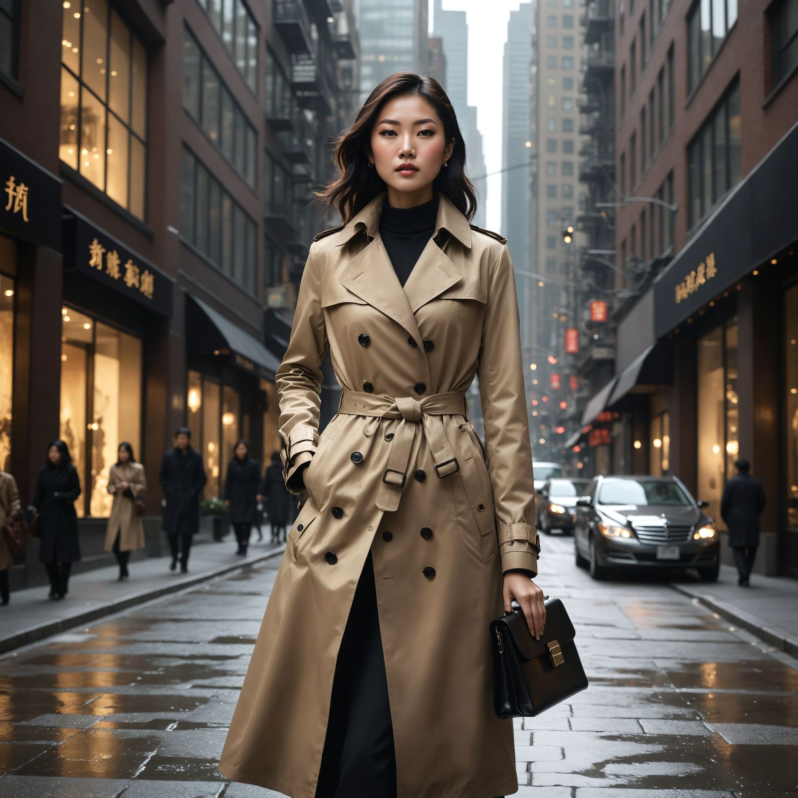 Asian Woman in City Street: Neon Hyperrealism