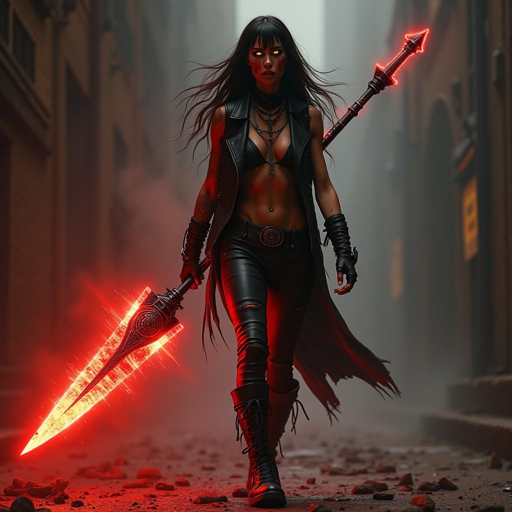Gypsy Barbarian with Glowing Spear in Cyberpunk Style