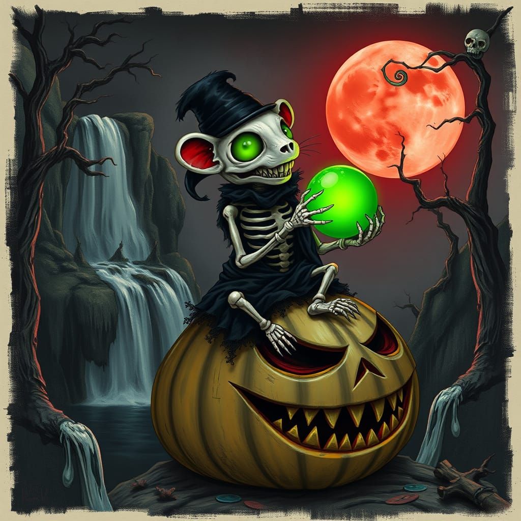 Skeletal Hamster With Glowing Orb on Carved Melon