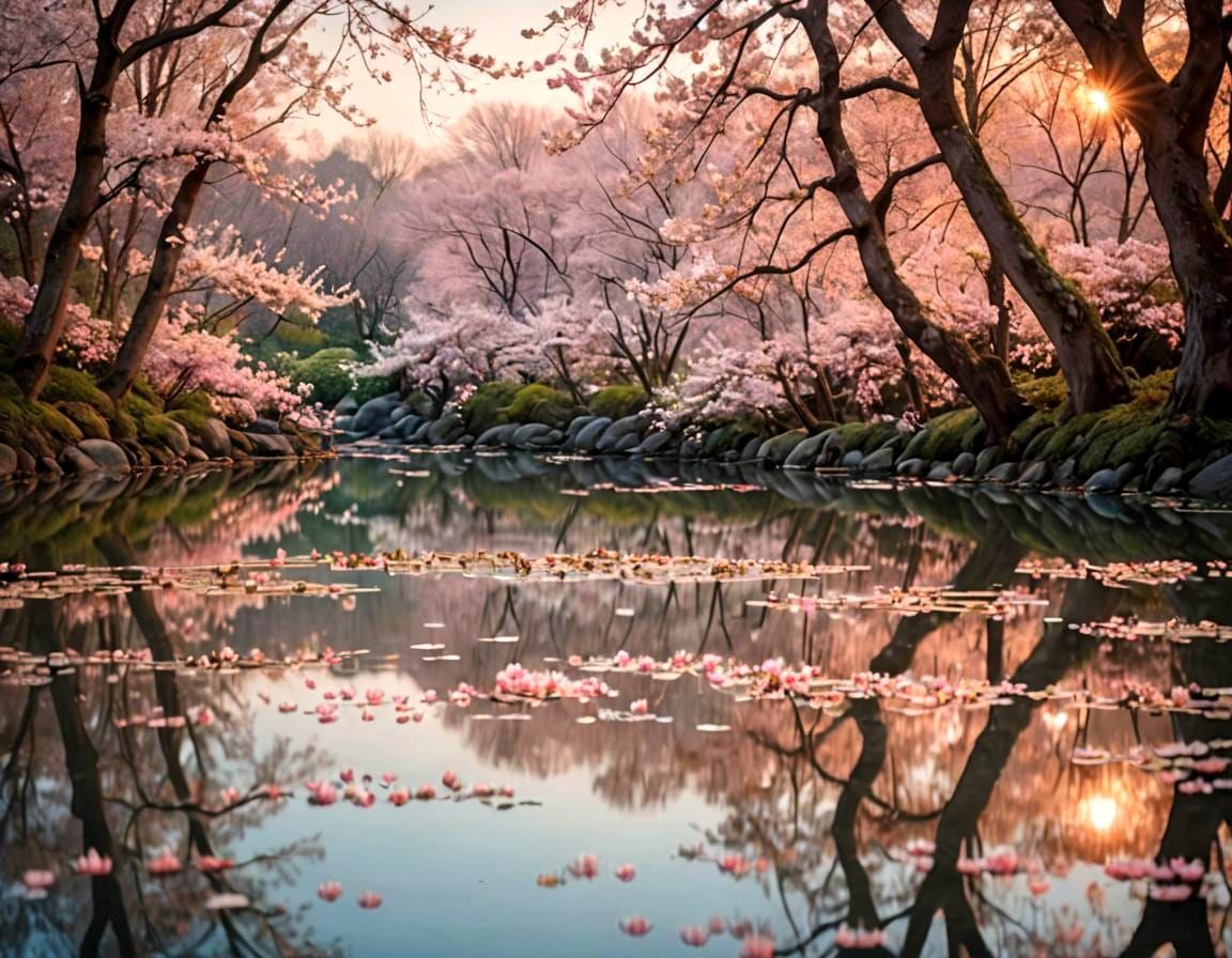 Cherry Blossoms Reflected at Dusk: Lakeside Serenity