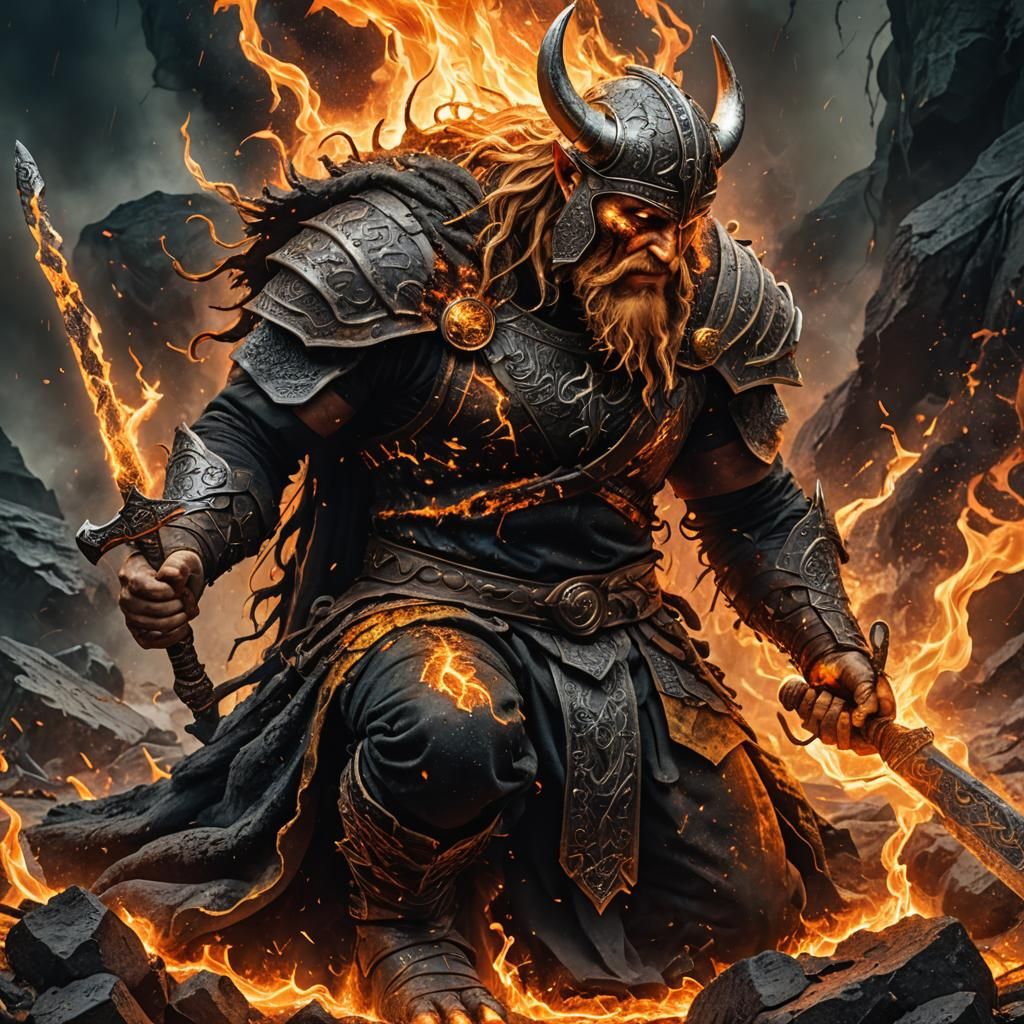 Viking Fire God Disintegrating in Digital Art