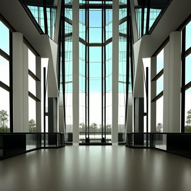 White Brutalist Hall with Poligonal Exhibition Showcases