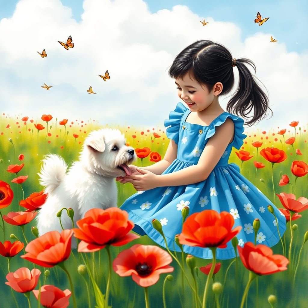 Young Girl in Blue Sundress Interacting with Fluffy White Do...