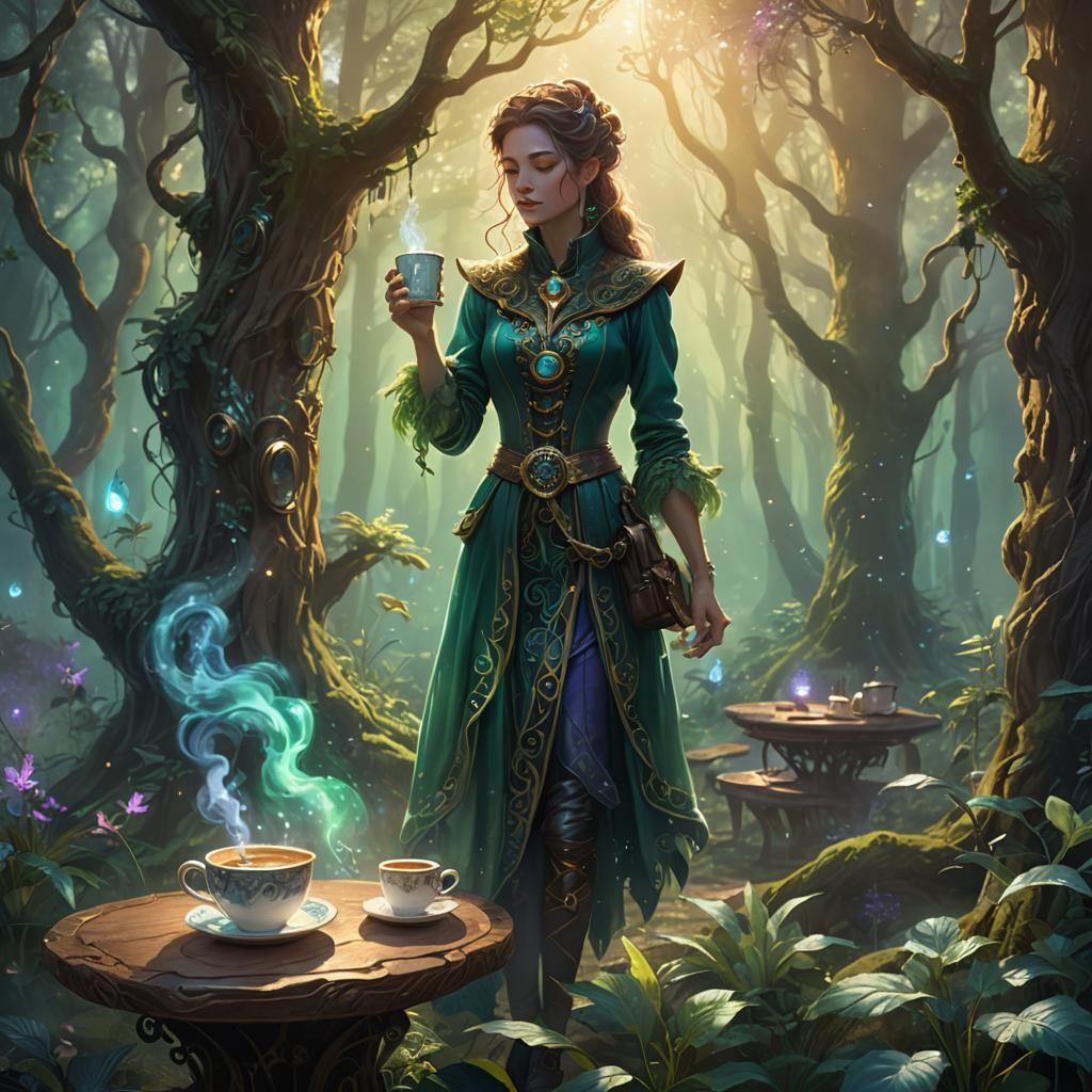 Mystical Forest Coffee Break in Fantasy Art Style