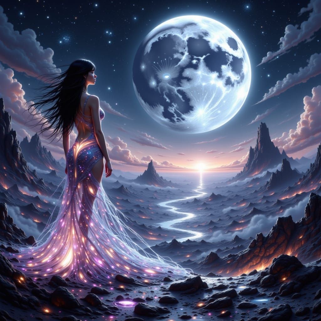 Ethereal Woman in Glass Dress on Alien Planet