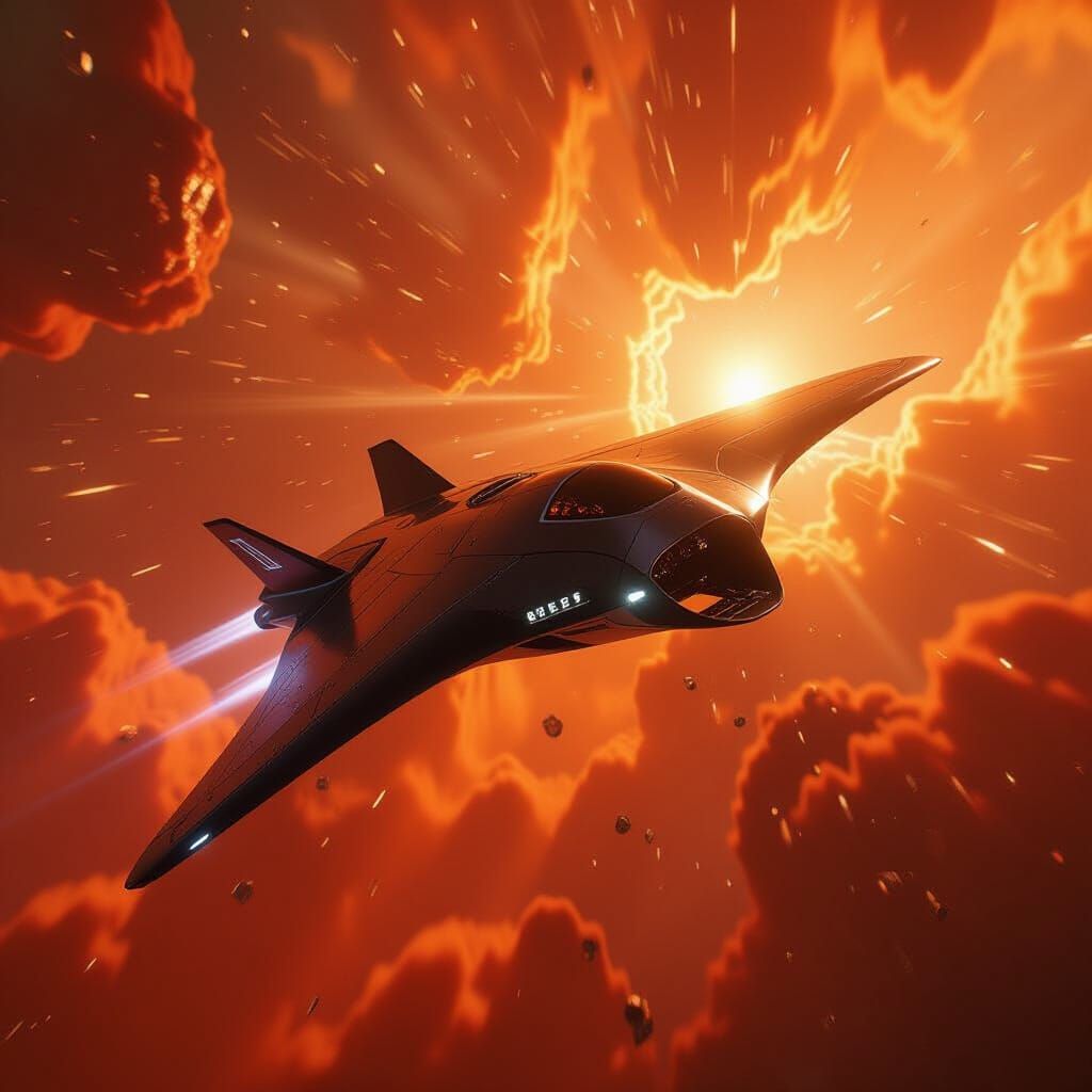 Manta Spaceship in Orange Crystal Nebula