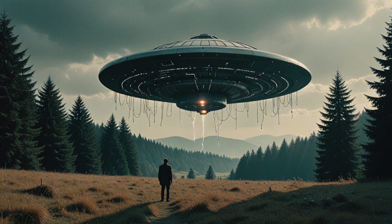 Chrome Flying Saucer Over Misty Swiss Hillside in Analog Sty...