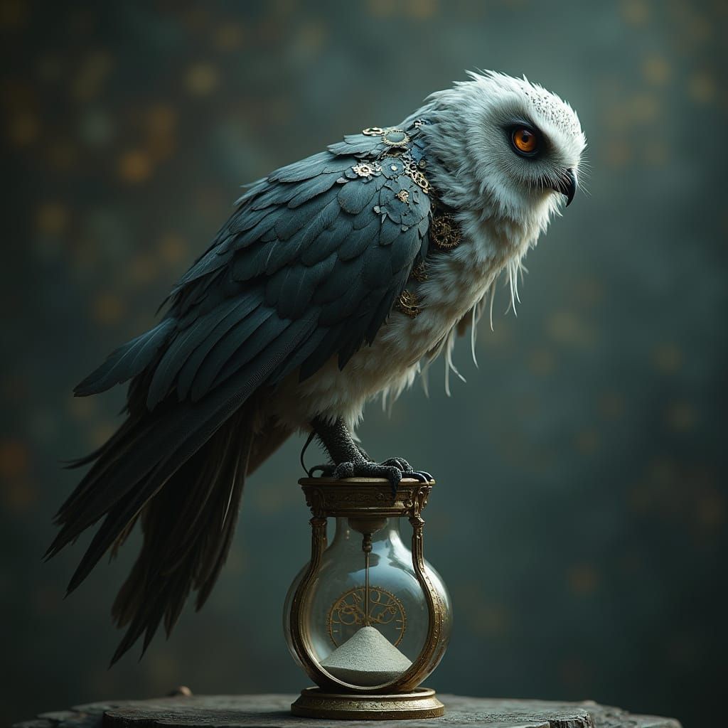 Clockwork Owl on Gothic Hourglass in Dark Fantasy Style