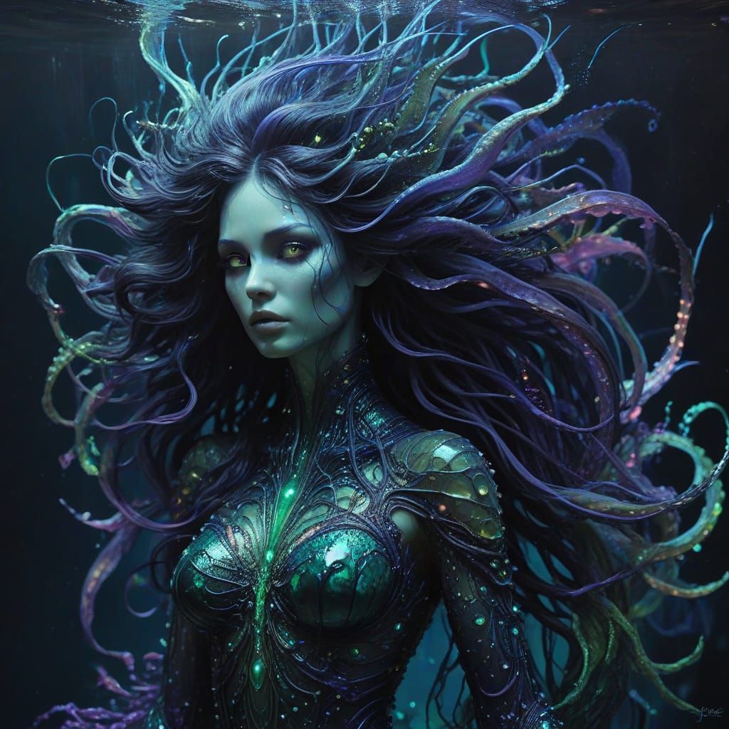 Abyssal Witch of Dark Ocean Depths in Cyberpunk Art Nouveau ...